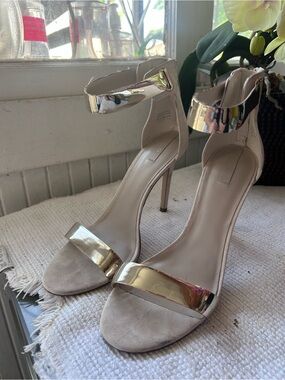 Aldo Nude High Heel Sandals with Gold Ankle and Toe Straps
